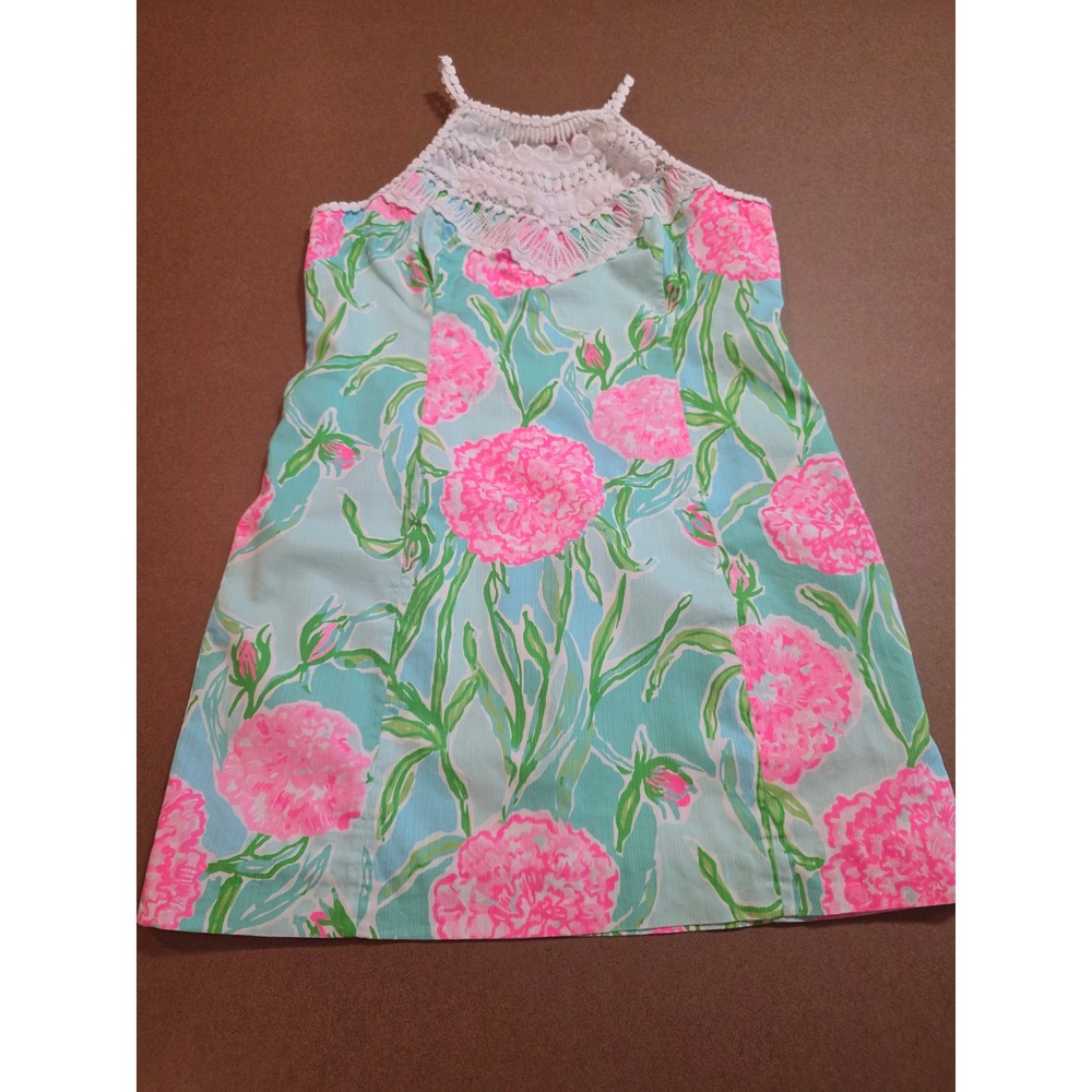 Lilly Pulitzer Girls Pink Aqua Floral Lace Halter Shift Dress Size 16 - Picture 2 of 8
